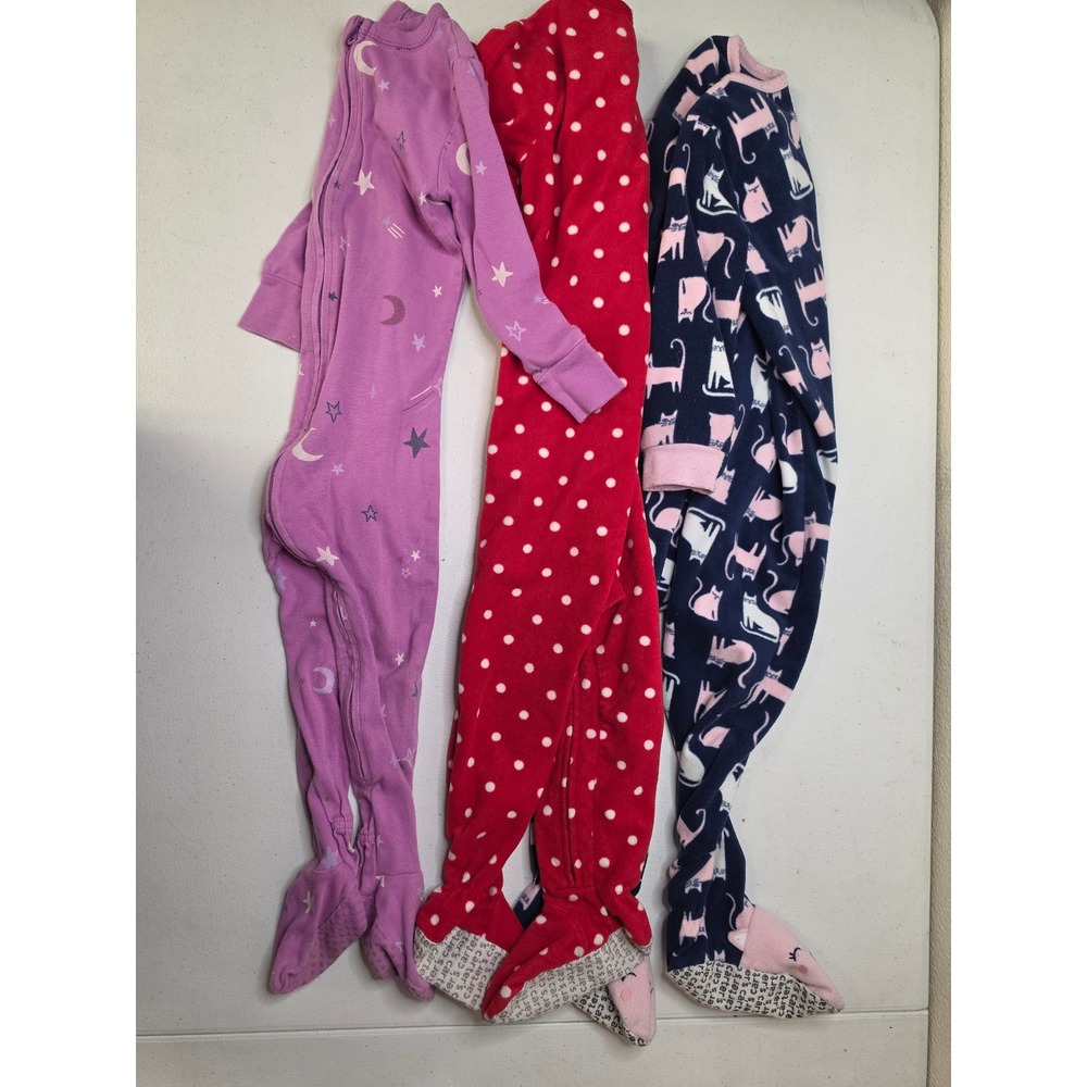 Carters Toddler Girls 2T Footed Pajamas Lot 3 Fleece Cotton Cats Stars Reindeer